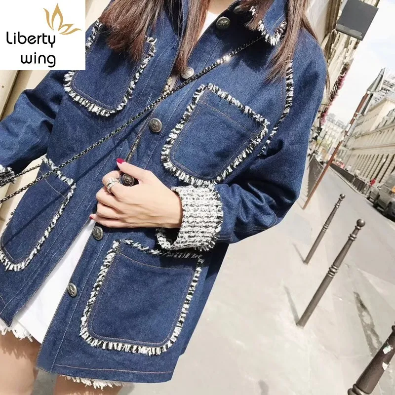 

2020 Runway Women Patchwork Embroidery Long Denim Jacket Big Pockets Design Fashion Streetwear Coat Female Top Quality Costumes