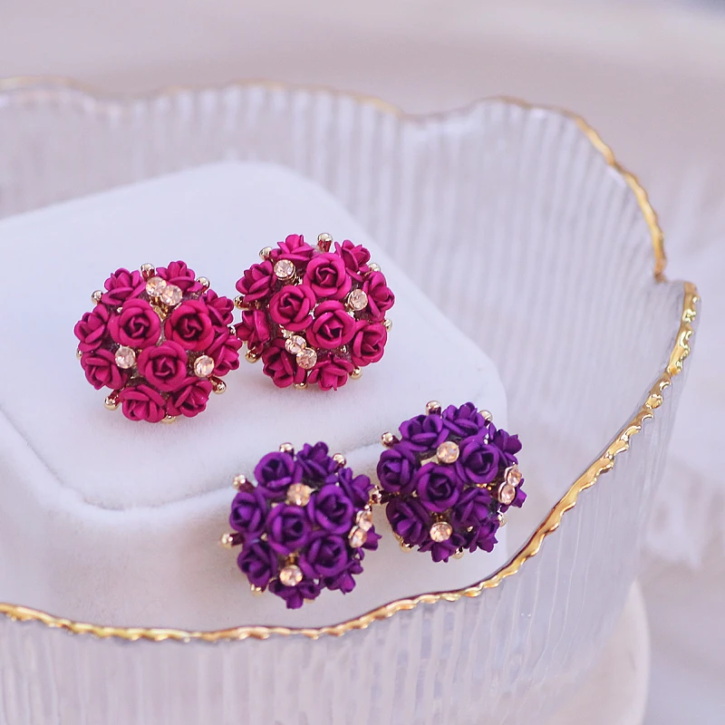 Romantic Sweet Colorful Rose Flowers Stud Earrings for Women Elegant Luxury Crystal Earrings Female Wedding Party Jewelry Gifts