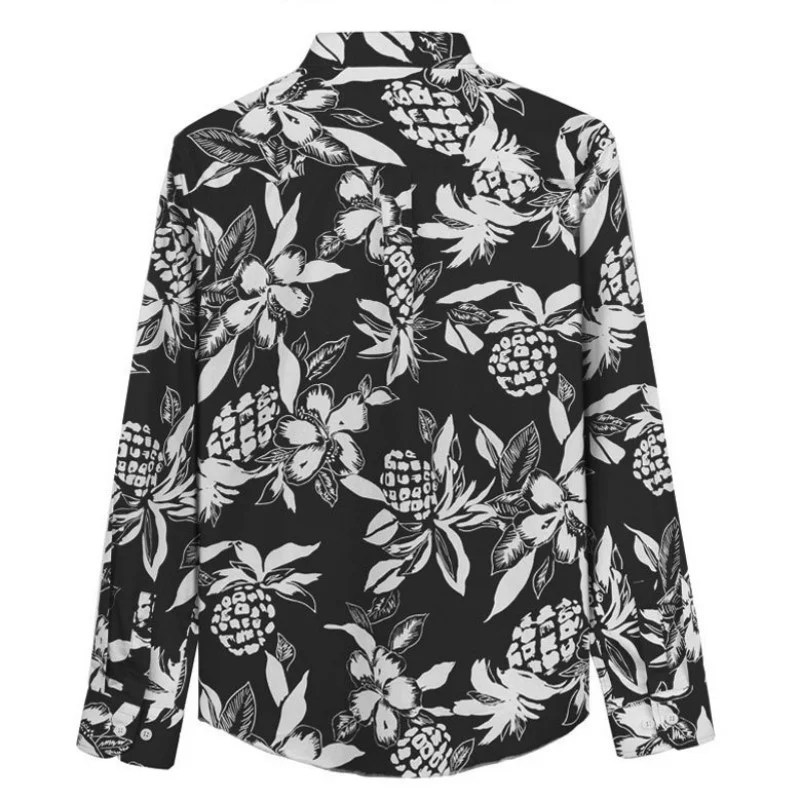 Mens Beach Flowers Shirt Hawaiian Fashion Red Black Long Sleeve Cotton Button Up Tops Lapel Slim Fit Casual Printing Shirts Men