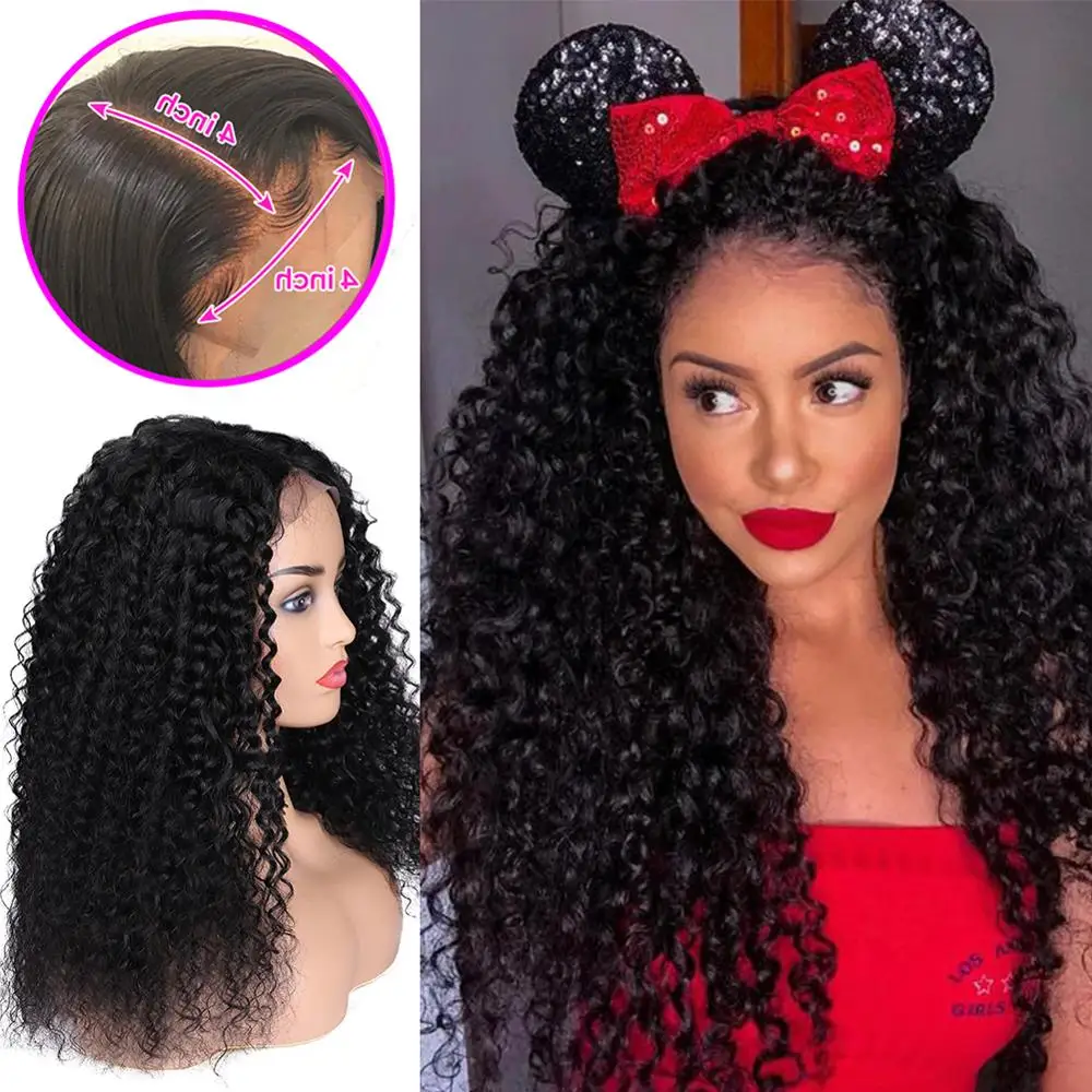 Perruque Lace Closure Wig 150% Remy bouclée 4x4-perruque naturelle, avec baby hair, perruque Lace Front Wig, document naturel, pour femmes noires