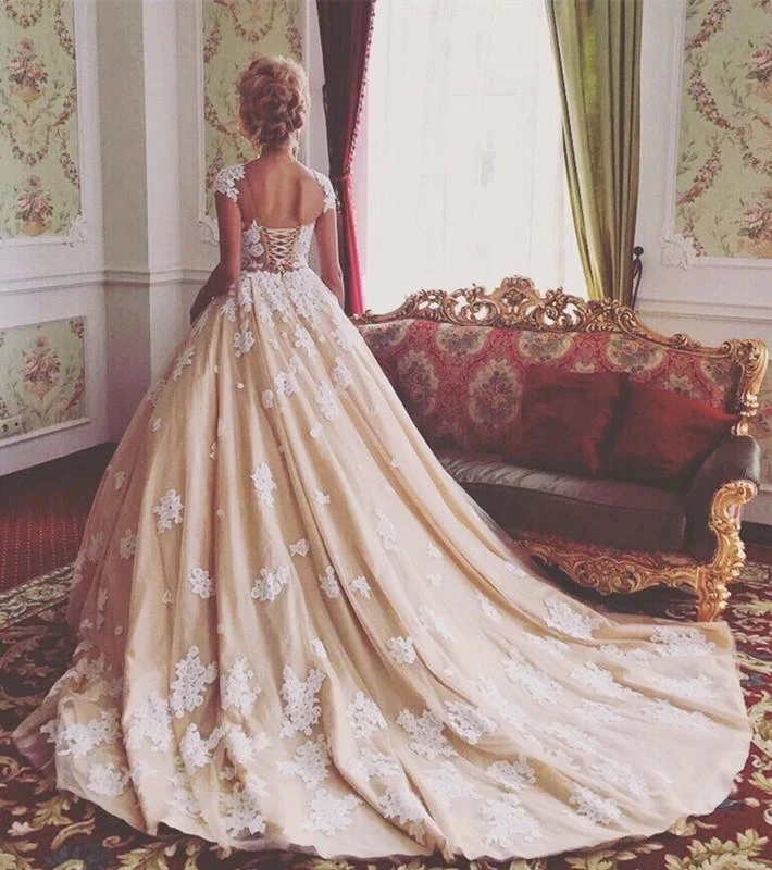 Vestido de novia de encaje con espalda abierta, traje Sexy de boda, con apliques de encaje, color champán, romántico