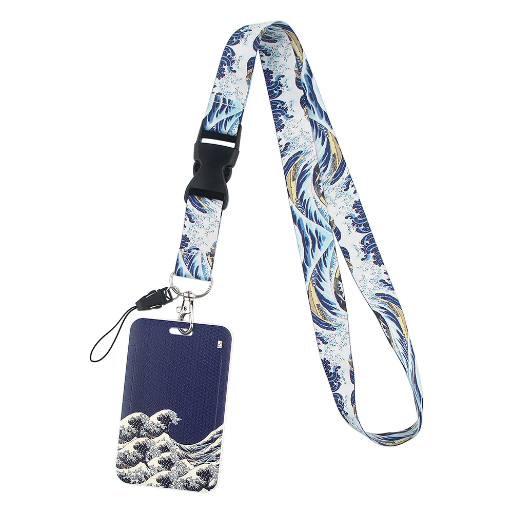 ER511 Blue Waves Painting Art Buckle Lanyard Credit Card ID Holder Bag Student Travel Bank Bus Business Card Cover Badge