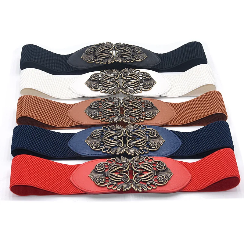 Women Belt Elastic Wide Belt Vintage Carved Flower Metal Buckle Dress Corset Cinch Waistband Decorative Coat Sweater Waist Belt