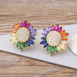 AIBEF Colorful Sweet Sunflower Cubic Zirconia Stud Earrings Color Copper For Women Summer Beach Wedding Party Charm Jewelry