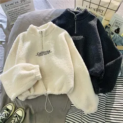 Women's Hoodie Lamb Wool Short Half High Collar Sweatshirt Velvet Thick Loose Ladies Sweater Korean Style Fall Winter Zipper