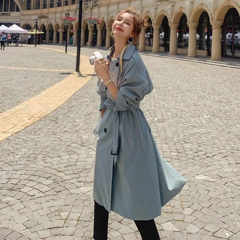 2021 Fashion Women Trench Coat Beige Blue Long Double-Breasted With Belt Spring Autumn Lady Coat Female Korean Loose Outerwear