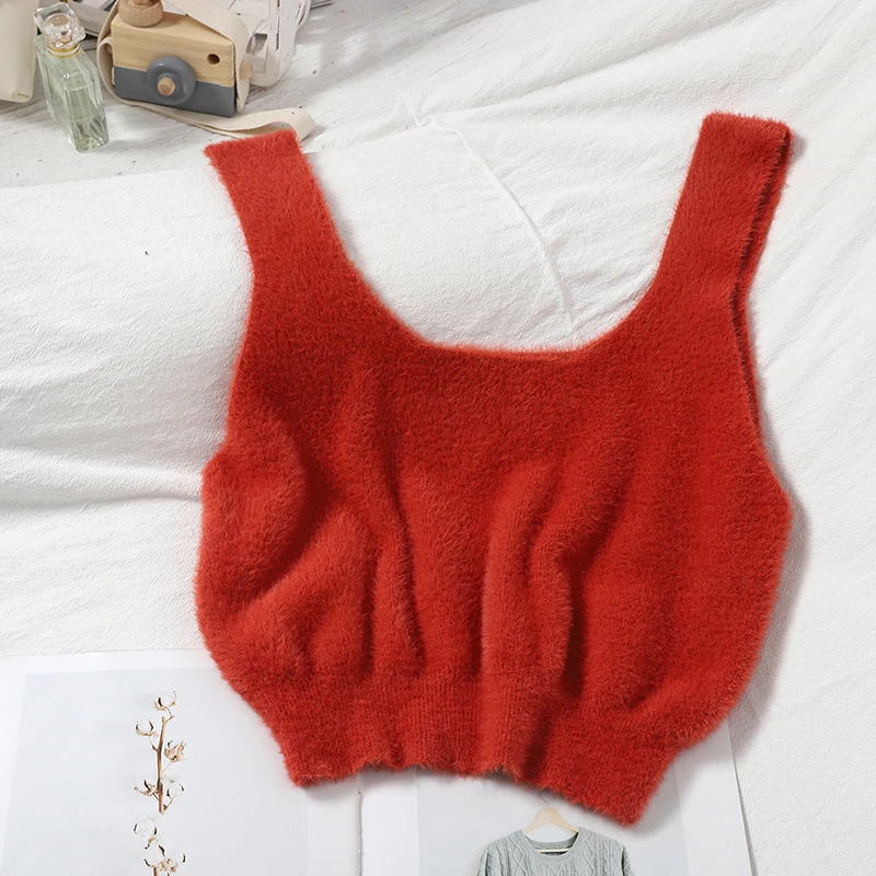 Pearl Diary Women Spring Fuzzy Knitted Soft Tank Tops U Neck Solid Color Sexy Cashmere Sleeveless Casual Cropped Top New Styles