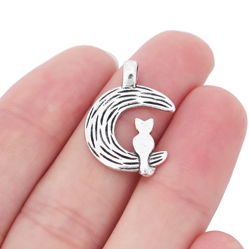 30 x Tibetan Silver Moon & Cat Charms Pendants Beads for DIY Necklace Bracelet Jewelry Making Findings Accessories 25x18mm