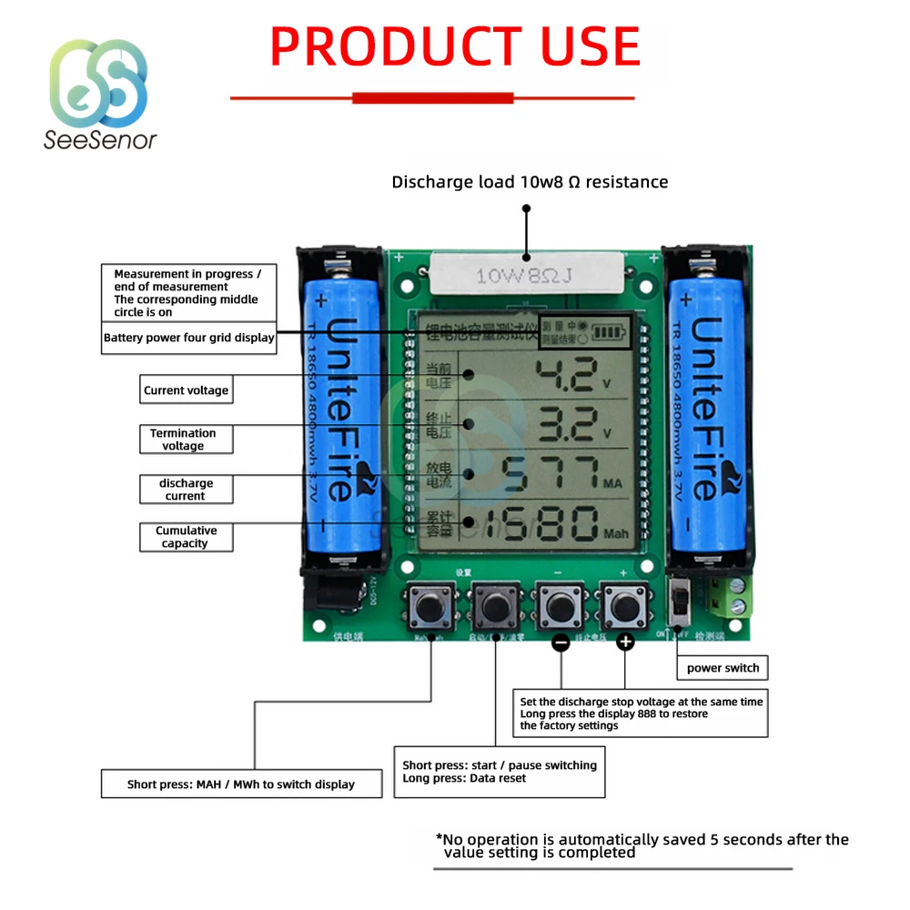 LCD/LED Display Battery Capacity Tester MAh MWh 18650 Lithium Battery Digital Measurement Lithium Battery Power Detector Module