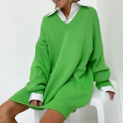 Maglione lavorato a maglia verde donna solido scollo a v maglioni lunghi Oversize Pullover Casual allentato spalla maglieria maglioni