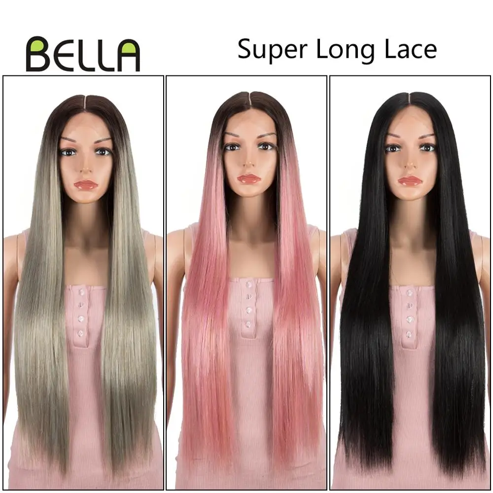 Bella Roze Kleur Synthetische Kant Voorkant Pruik Voor Vrouwen Lang Steil Haar Pruiken Middendeel Kant Full Head Vlecht Cosplay Roze Grijs