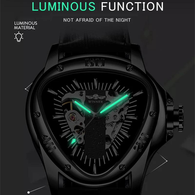 Winner Full Black Unique Triangle Dial Design Luminous Hand Sport Clock Male Mechanical Automatic Watches Top Brand Luxury Clock