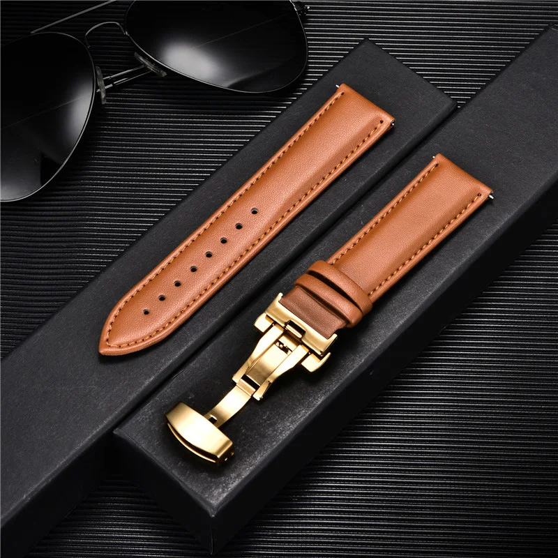 Leisure Leather Watchband 18mm 20mm 22mm 24mm Stainless Steel Butterfly Buckle Business Men Women Watch Band