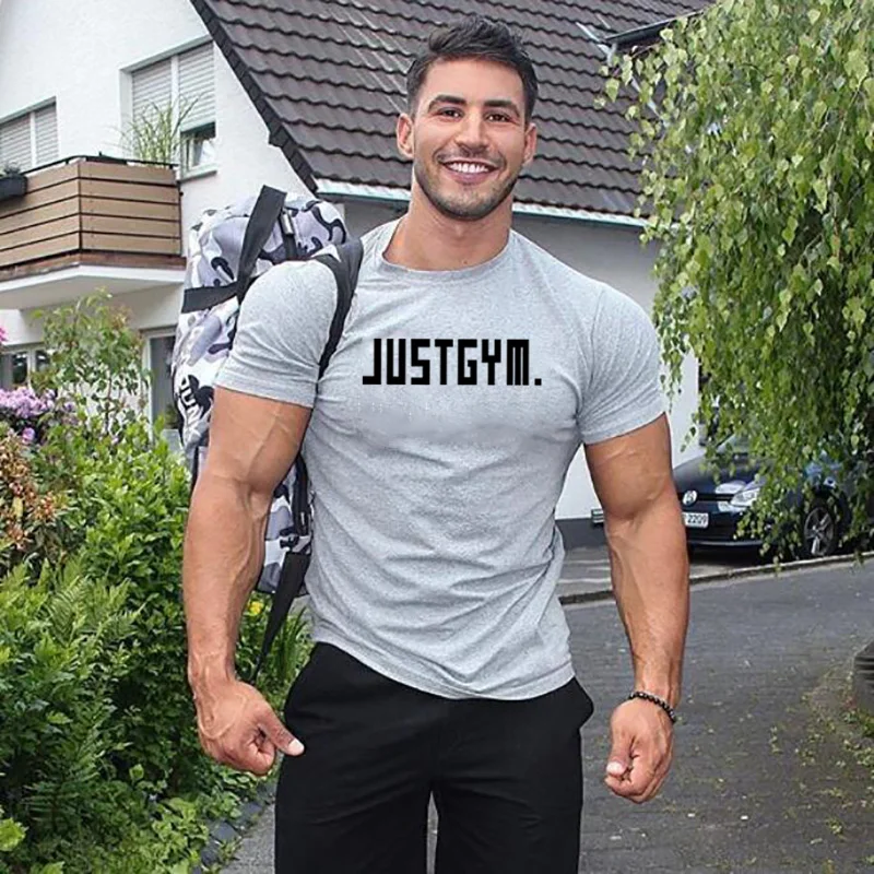 Summer New Mens T-shirt with JUST GYM Letters Muscle Guys Bodybuilding Fitness Short Sleeve Shirt O-Neck T-shirt