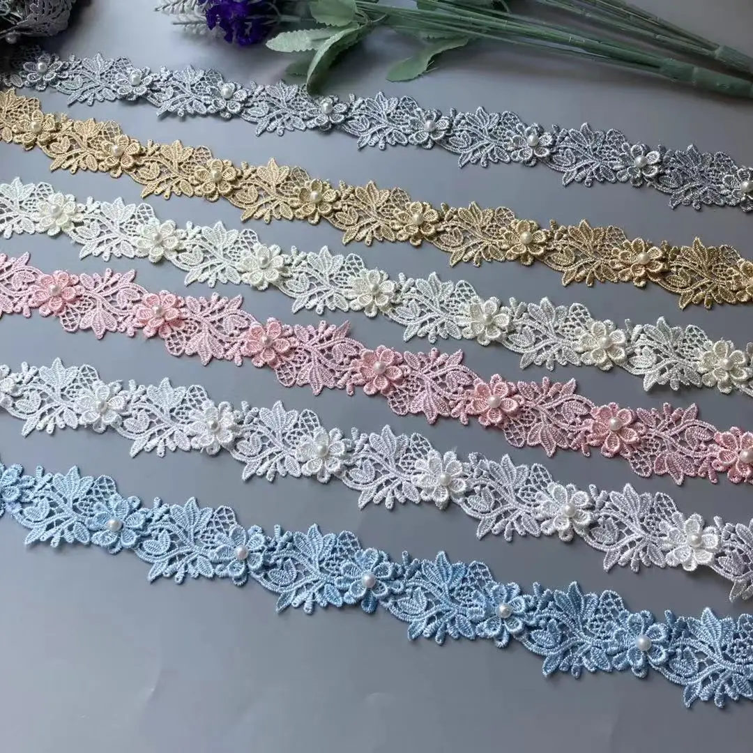 2 Yard Pearl Flower Embroidered Soluble Polyester Fabric Lace Trim Ribbon Handmade DIY Sewing Craft For Costume Hat Decoration