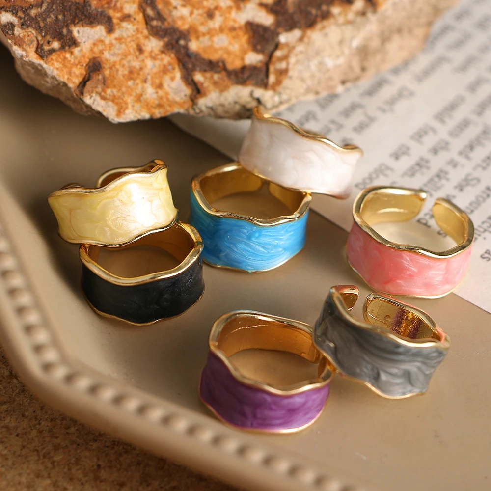 FNIO 2023 Vintage Geometric Wave Enamel Drip Glaze Rings For Women Korean Handmade Open Ring Jewelry Travel Gifts