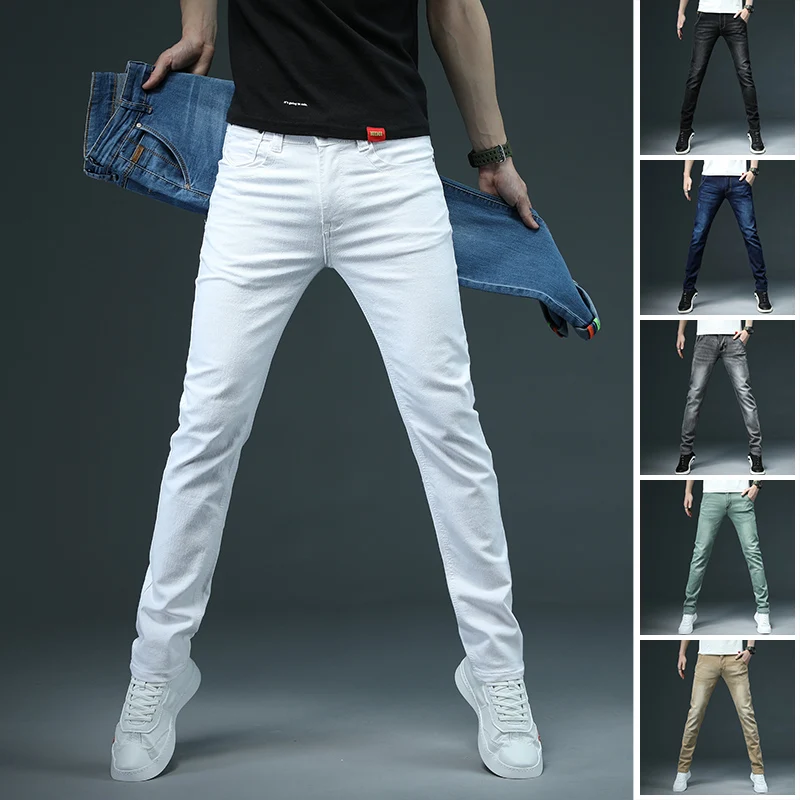 2022 dos homens novos magro jeans branco moda casual elástico algodão magro calças de brim masculino roupas marca preto cinza caqui