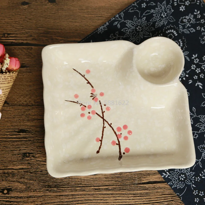 Japanese Style Plum Blossom Hand-painted Creative Household Underglaze Ceramic Tableware Dumpling Grid Plate Dessert Plate