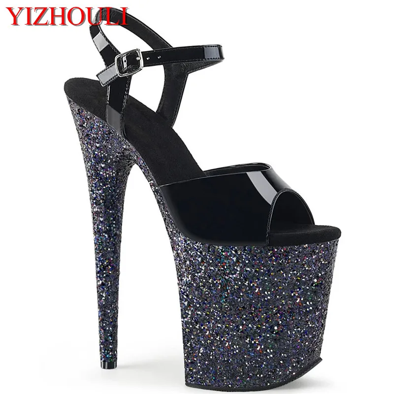 

8 inch sandals, black sequins and soles for parties and nightclubs, 20 cm heels for models, dancing shoes