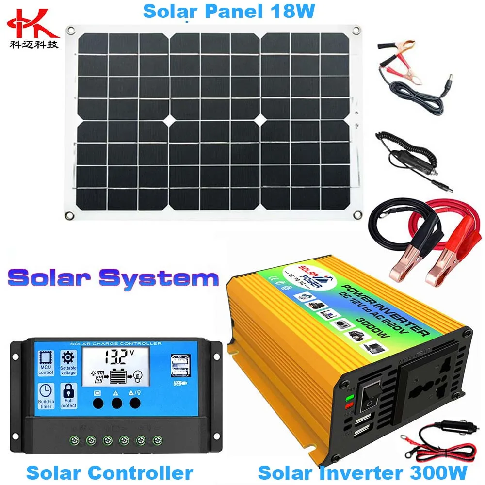 

Система питания T1Y = преобразователь солнечной энергии, преобразователь постоянного тока 12 В в переменный ток 220 В/110 в 300 Вт + солнечная панель 18 Вт 12 В/USB 5 В + контроллер 30 А