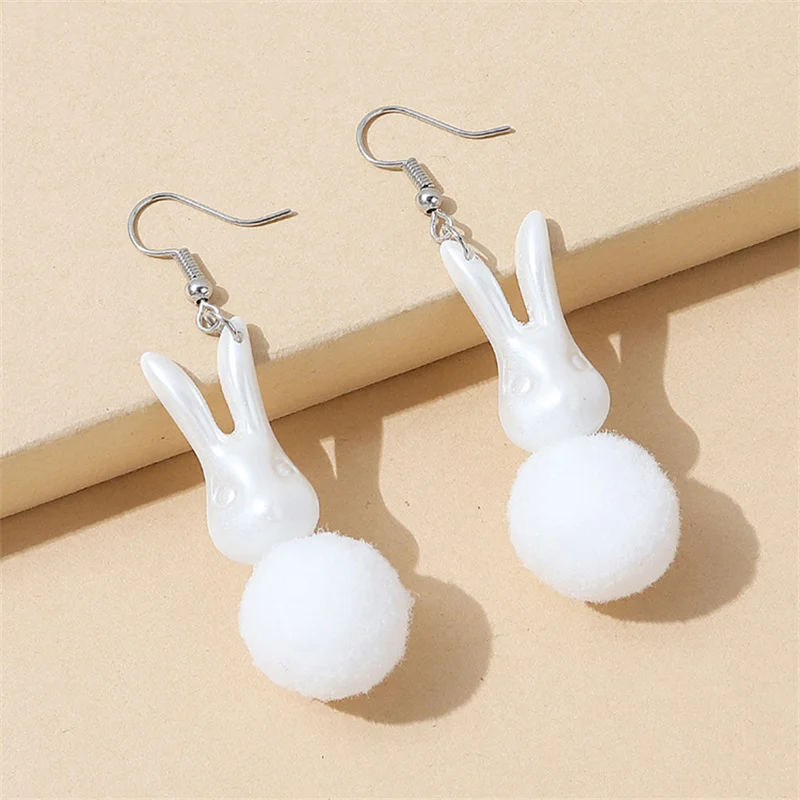 Latest Cute Pom White Cartoon Bunny Drop Earrings Handmade Funny Christmas Jewelry Gifts For Women 2022 New Designs