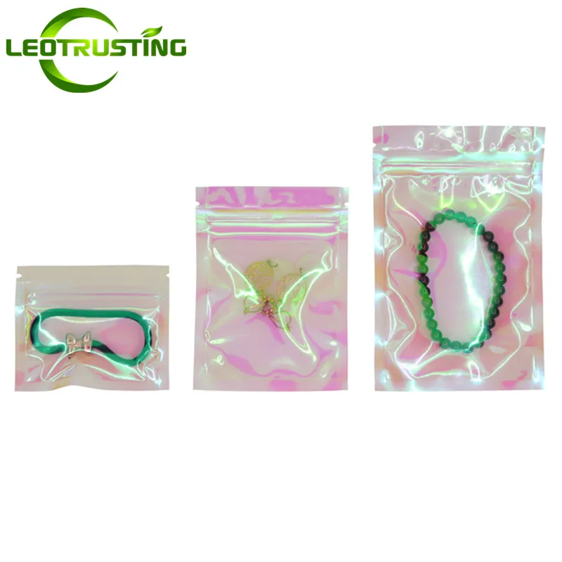 

100PCS Holographic Pink Laser Rainbow Zipper Pouches DIY Cocoa Matcha Powder Jewelry Snack Coffee Candy Sugar Tea Storage Bags