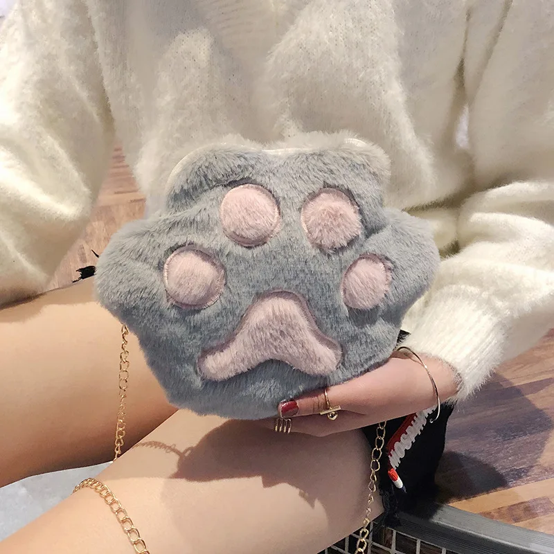 Lovely Children's Soft Plush Coin Purse Baby Boys Accessories Small Messenger Bags Cute Bear Paw Girls Chain Zipper Shoulder Bag