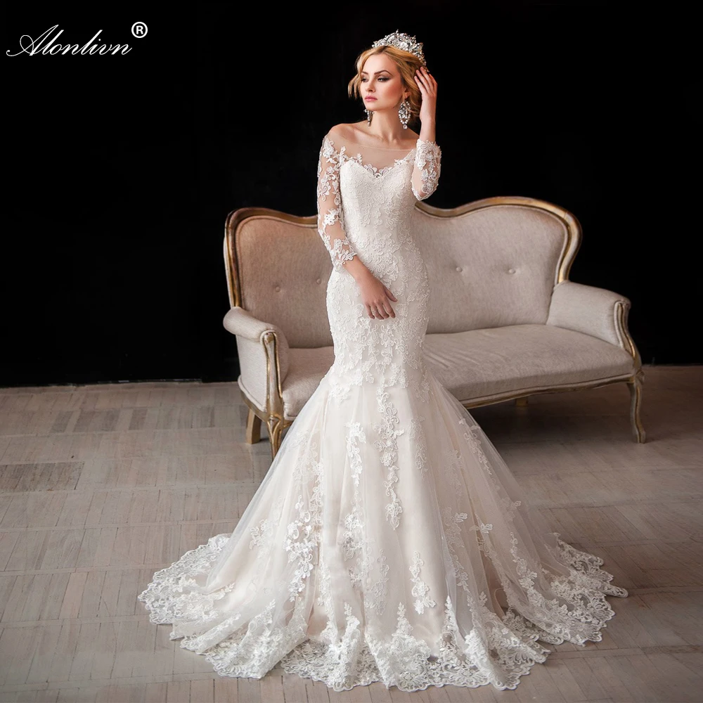 

Alonlivn Chic Appliques Scoop Neckline Mermaid Wedding Dress Full Sleeve Bridal Gown Of V Back Vestido de novia