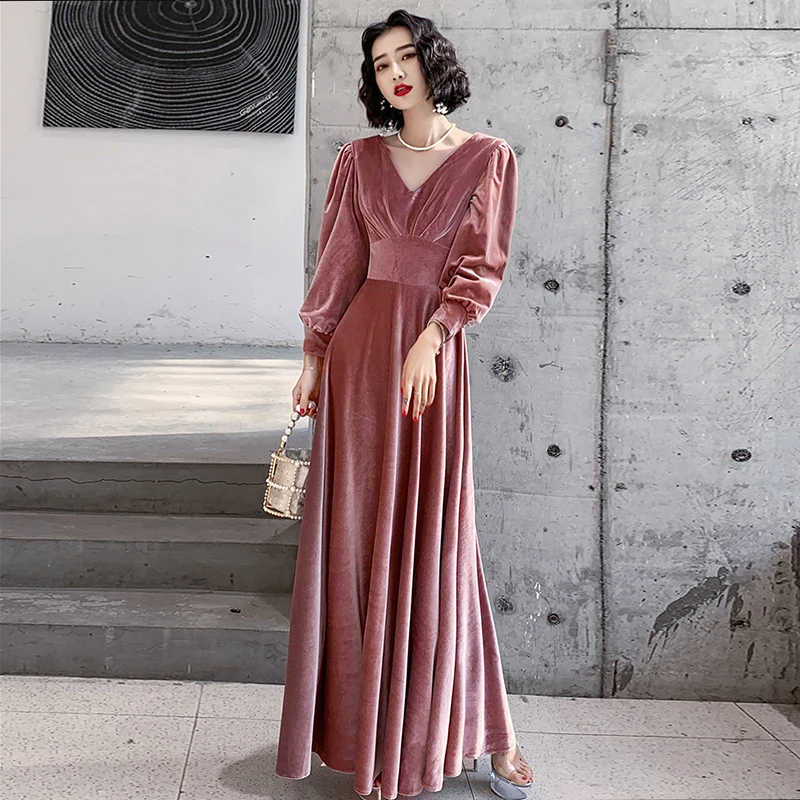 

Evening Dresses Deep V-Neck Plus size A-line Ankle-length Full Sleeves Simple Velour Elegant New Woman Formal Party Dress A256