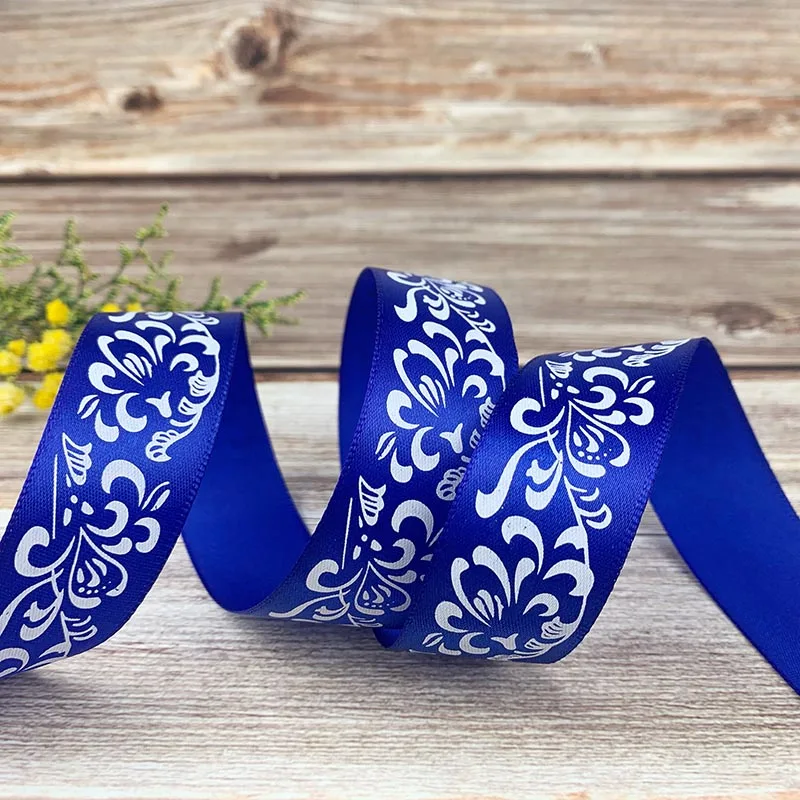 5 Yards 25mm Flower Printed Satin Ribbon For DIY Hair Bow Christmas Party Wedding Decoration Gift Packing Ribbons For Crafts