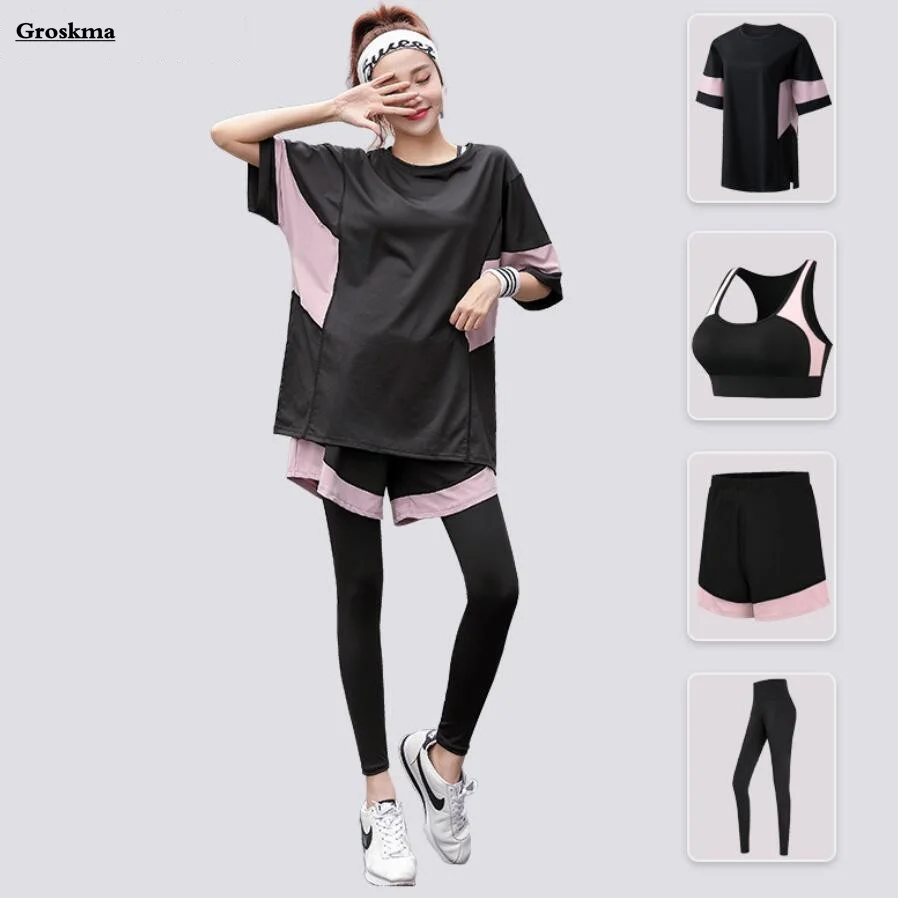 Luźna koszulka + biustonosz + szorty + spodnie damskie zestaw do jogi Plus Size Fitness na siłownię strój do biegania oddychający luźny zestaw