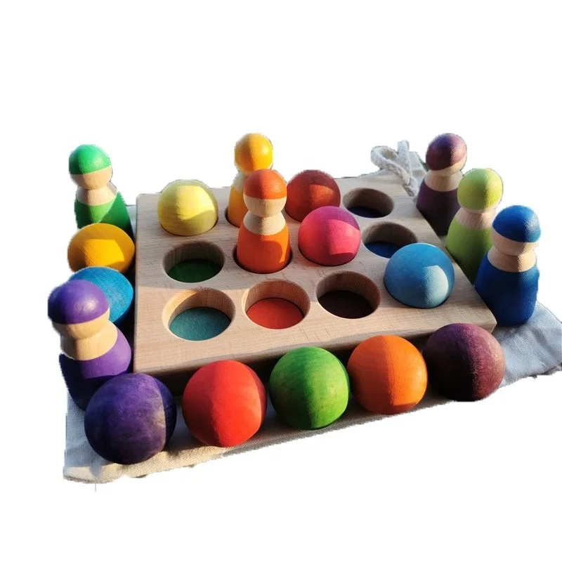 Kids Wooden Toys Color Sorting Wood Balls Rainbow & Pastel Sphere with Tray Unpaint Cup Montessori Peg Dolls and Rings