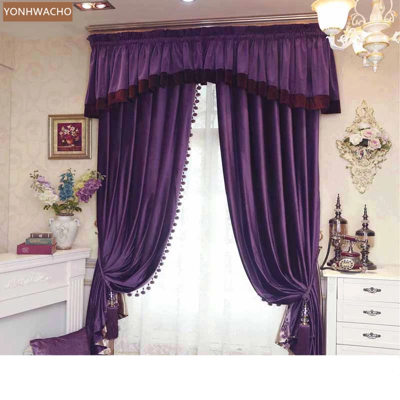 

Custom curtain Dutch velvet modern simple light luxury bedroom purple thick cloth blackout curtain valance tulle C378