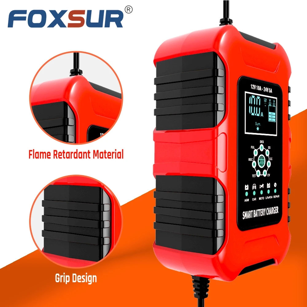 FOXSUR 10A Ładowarka samochodowa 12V 24V Motocyklowa kosiarka AGM GEL Mokry LiFePo4 Kwasowo-ołowiowy Automatyczna naprawa impulsów Szybki odwadniacz