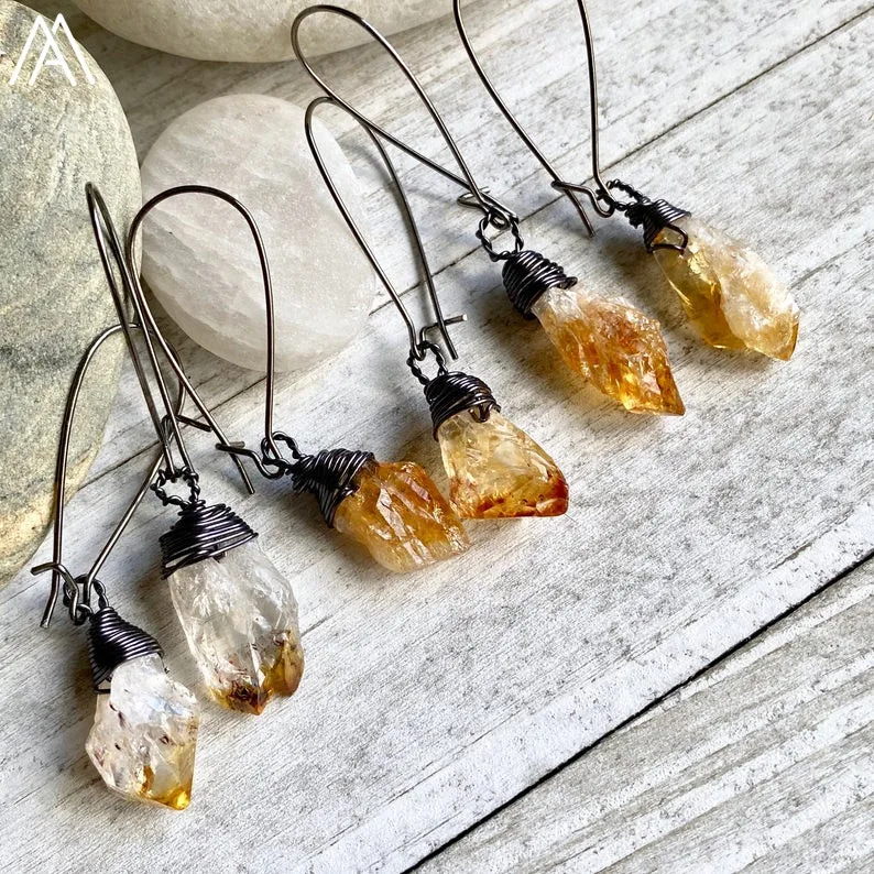 Natural Citrines Quartz Freeform Point Beads Dangle Hook Earring Women Quartz Crystal Beads Gun Black Earrings Jewelry Dropship