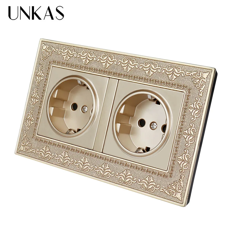 UNKAS 16A Dual EU Standard Power Socket 4D Embossing Retro Zinc Alloy Panel AC 110~250V 146mm * 86mm