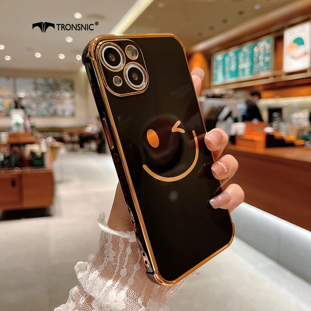 Gold Smile Phone Case for iPhone 13 12 11 Pro Max XR Xs Max Soft Luxury Happy Purple Black White Cases for iPhone 7 8 Plus Cover