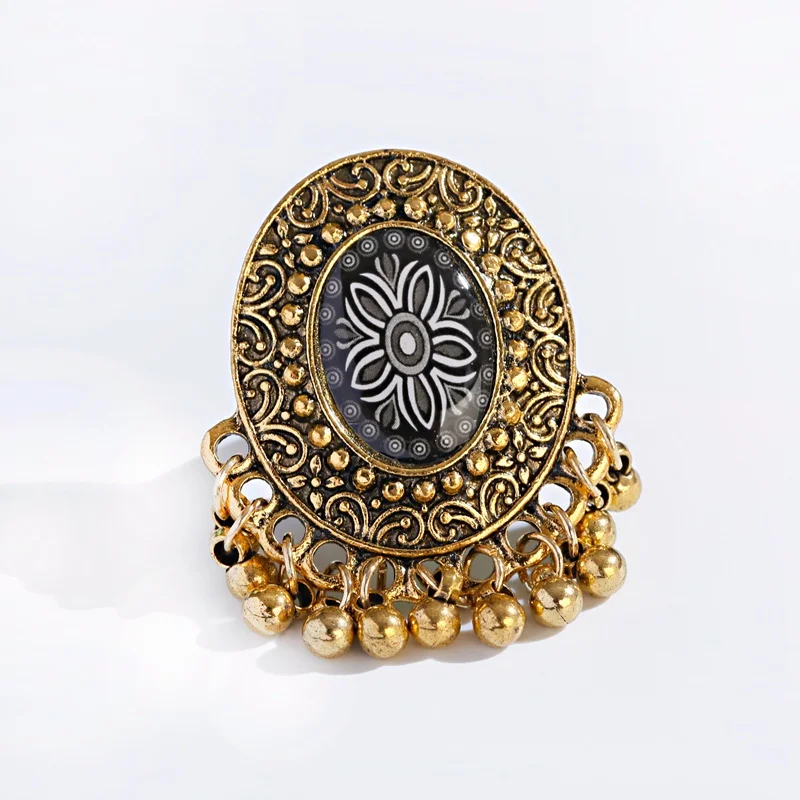 Vintage Gold Color Women Rings Indian Jewelry Engraved Flower Pattern Retro Party Female Pearl Tassel Finger Ring Stylish