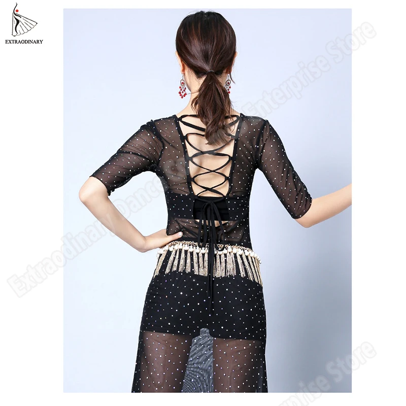 Women Belly Dance Oriental Costume Dress Split Top Half Sleeve Bellydance Practice Clothes Sequin Girls