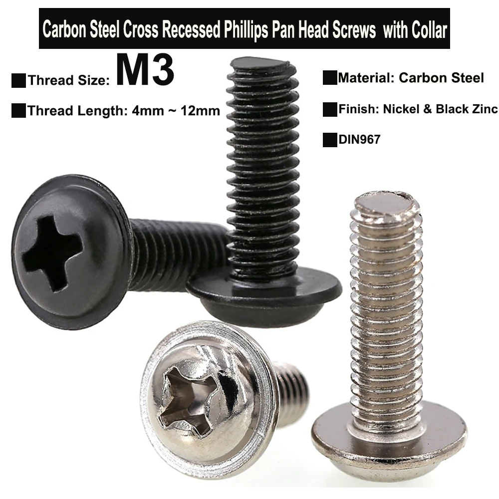 

50Pcs M3x4mm~12mm Carbon Steel Nickel and Black Zinc Plated Cross Recessed Pan Head Phillips Screws with Collar DIN967