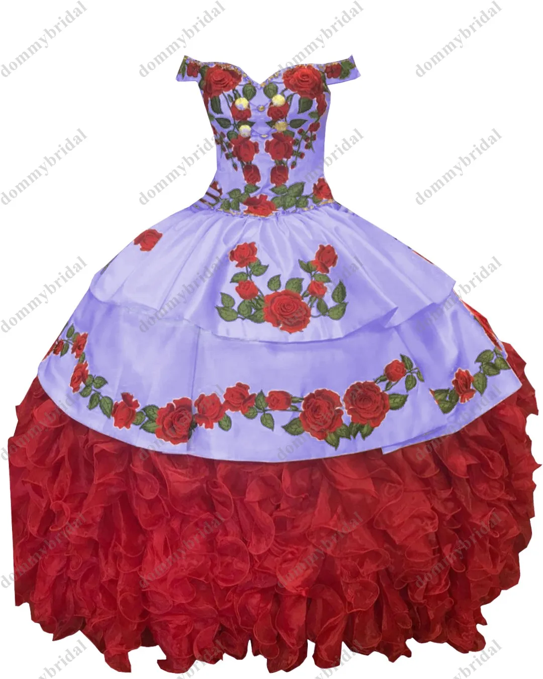 Vestido de baile de hada roja y blanca con hombros descubiertos, vestido de baile de graduación de quinceañera, flores florales, Charro, volantes satinados mexicanos XV, 2021