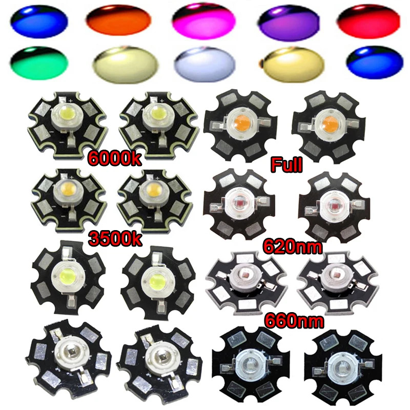 10pcs 1W 3W LED Diodes Light White Red Blue Green Yellow UV IR Full Spectrum Grow Light DIY Led Parts + Star Base