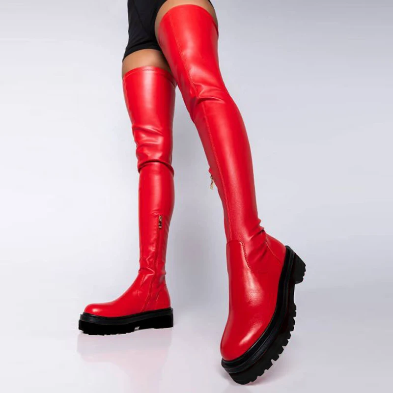 Women\'s Boots Low Heels Thick Bottom Over The Knee 2024 Big Size Black Red Comfortable Thigh High Boots Casual Shoes