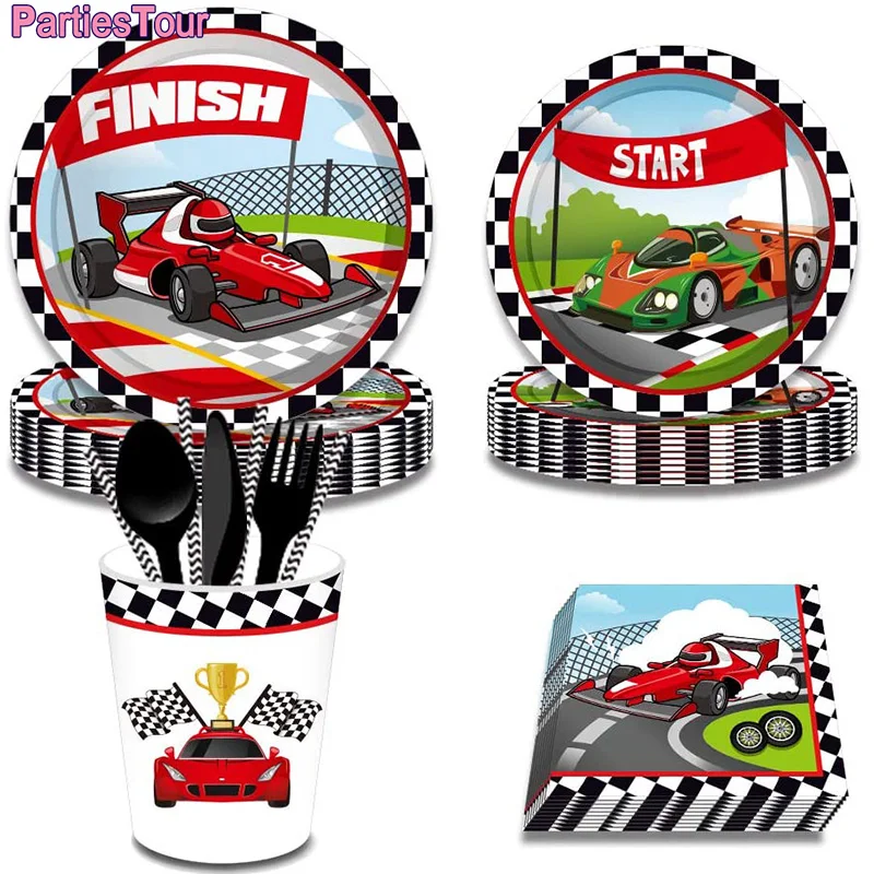 Racing Theme Party Disposable Tableware Checkered Paper Plates Cups Napkins Tablecloth Boys Race Car Birthday Party Supplies