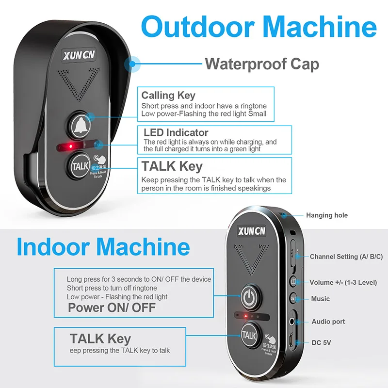 Xuncn ไร้สาย Intercom Doorbells สำหรับ Home ห้องเรียน,Intercomunicador กันน้ำอิเล็กทรอนิกส์กระดิ่ง1/2ไมล์