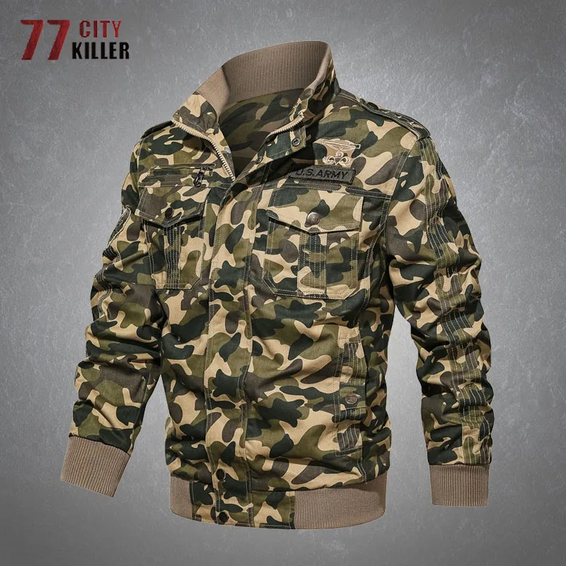 

Cargo Military Jacket Mens Multiple Pockets Stand Collar Cotton Overcoats Male Camouflage Bomber Tactical Jackets Big Size 6XL