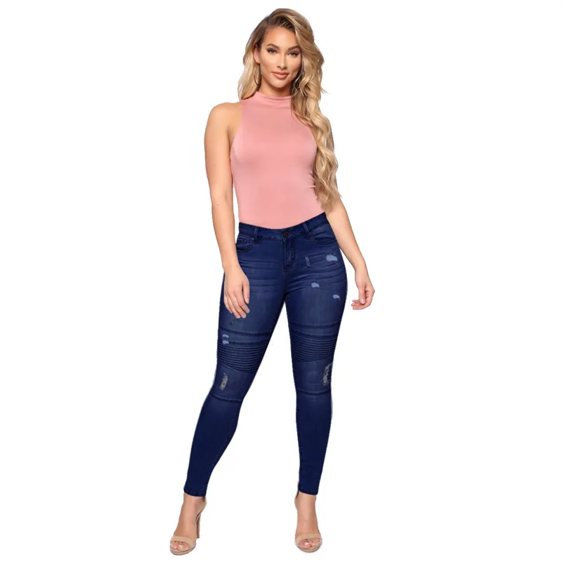 2022 Lente Nieuwe Donkerblauw Vrouwen Gescheurde Jeans Mode Hoge Stretch Skinny Denim Potlood Broek Straat Casual Broek S-2XL