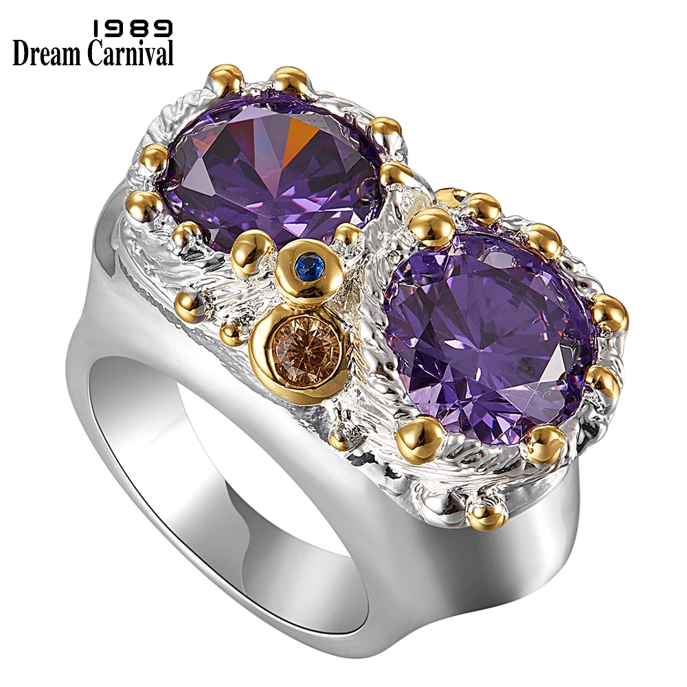 DreamCarnival1989 Purple Zircon Rings for Women Wedding Must Have 2019 Jewelry Owl Big Eyes Design Two Tones Color WA11754