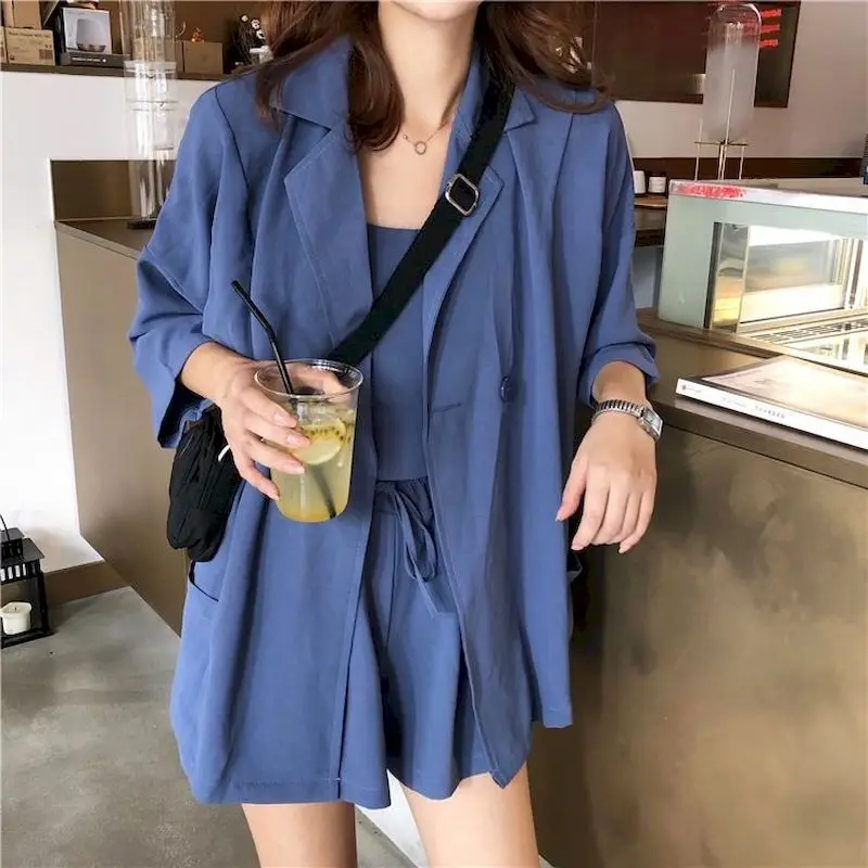 2024 Spring Summer New Women\'s Casual Outfit Korean Fashion Three Piece Sets Small Sling Suit Jacket High Waist Short Pants Suit