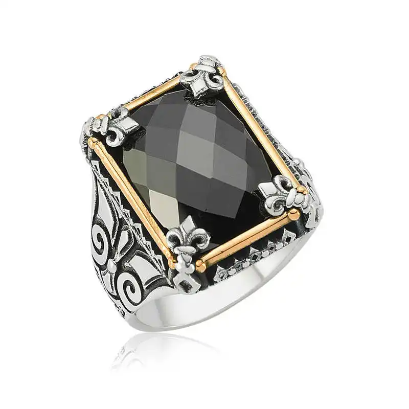 Silver Black Stone Men's Ring - 925 Sterling Men's Jewelry Wedding Birthday Gift - Box - Men - Fashion - Botiva - Size - Turkish - Patterned Embroidery